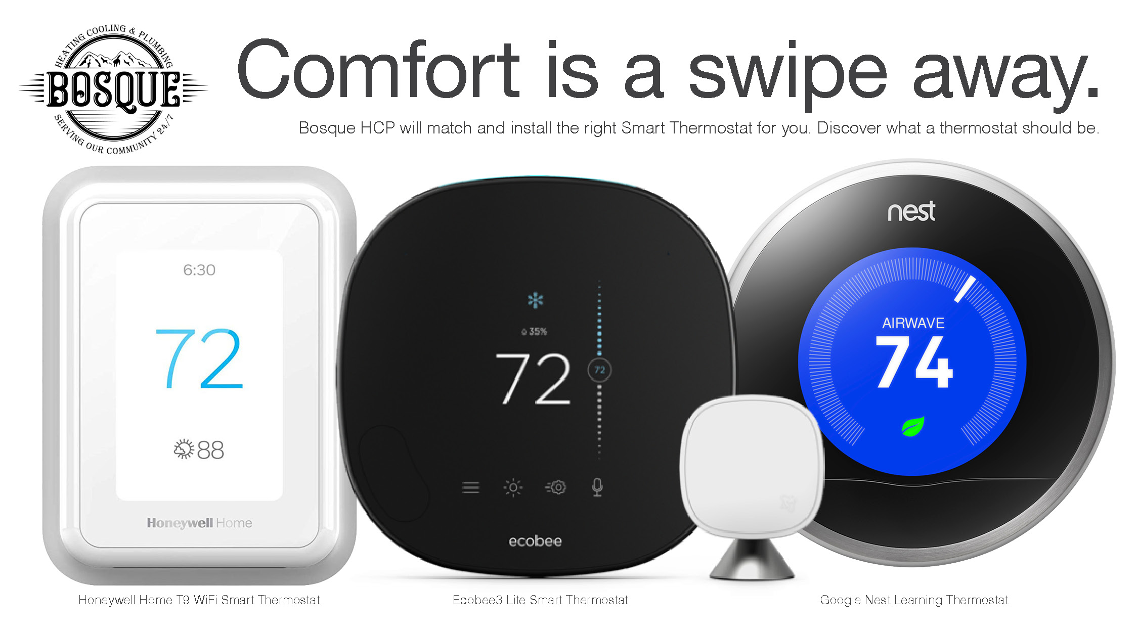 Image of three different smart thermostats—Nest, ecobee, and Honeywell